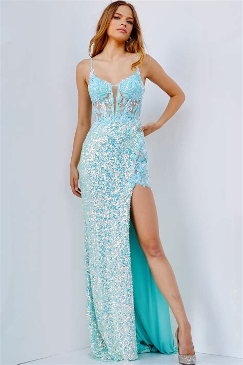 Jvn24299 Aqua Illusion Bodice Plunging Neck Prom Dress Jvn