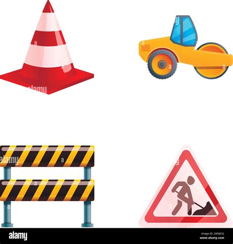 Road Work Icons Set Cartoon Vector Road Roller And Renovation Sign