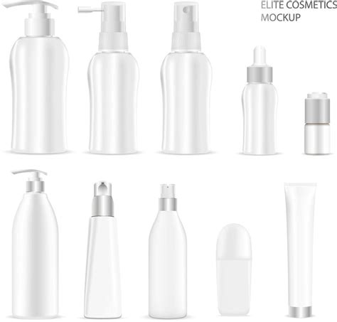 White Cosmetic Bottles Packaging Mockup Set Vector Illustration Of Elite Cosmetics Bottles With