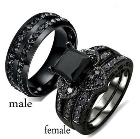 Couples Black Stainless Steel 10k Set Black Wedding Rings Wedding Ring Bands Set Wedding