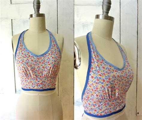 60s Halter Top Floral Cotton Blur Trim V Neck Tie At Etsy Floral Tops Halter Top Floral