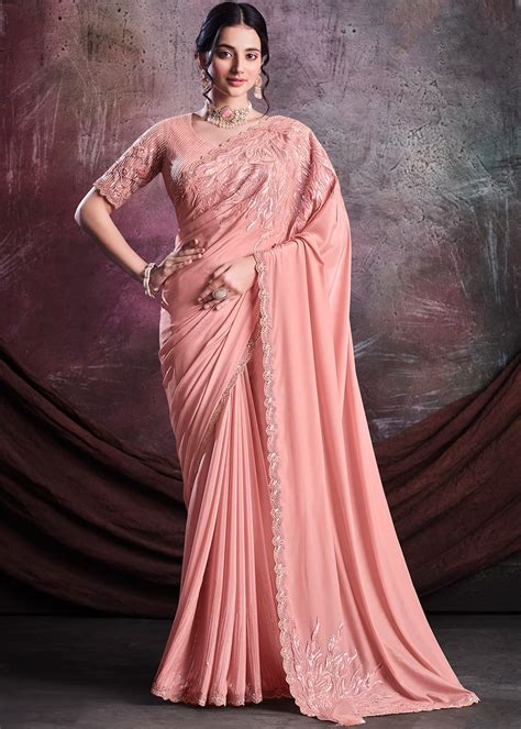 Shimmer Crepe Silk Saree With Blouse In Peach Color