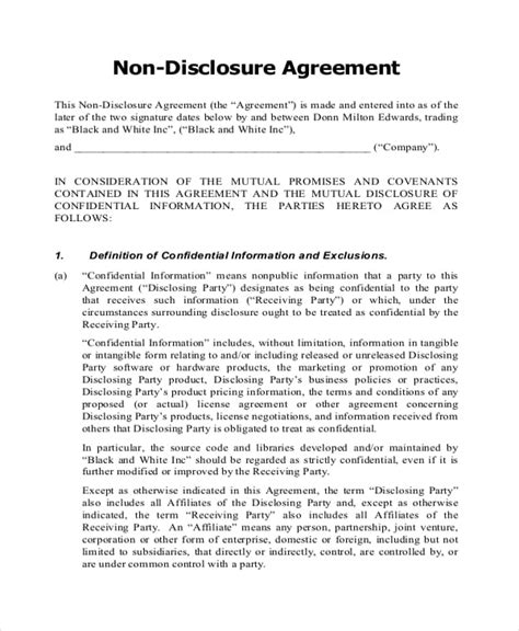 Non Disclosure Agreement Template Free Word