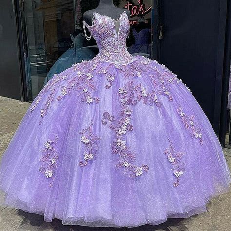 Lavender Quinceanera Dresses Ball Gown Off Shoulder Beaded Flower Swee