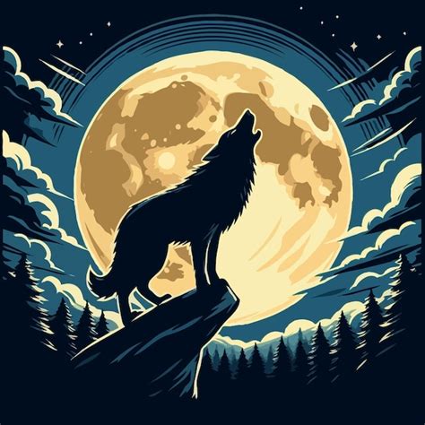 Premium Vector Full Moon With Howling Wolf Silhouette Vector