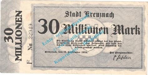 Inflation DE 30 Mio Mk Kreuznach Notgeld 30 Millionen Mark Schein In