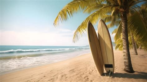 Tablas De Surf En Una Playa Con Una Palmera Al Fondo Foto Premium