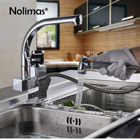 Dual Spout Pull Out Kitchen Faucet Mixer Luxury Single Hole Chrome