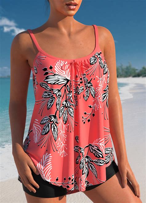 Bowknot Leaf Print Coral Red Tankini Top Modlily Usd