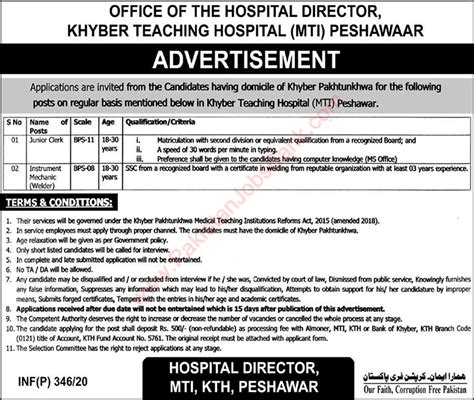 Khyber Teaching Hospital Peshawar Jobs January Mti Clerk Welder