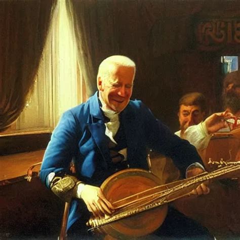 Oil Painting Of Joe Biden Playing The Hurdy Gurdy At A Stable