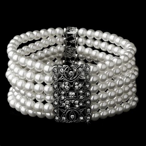 Vintage Style Rhodlium Silver White Faux Pearl Stretch Women Bracelets In Strand Bracelets From