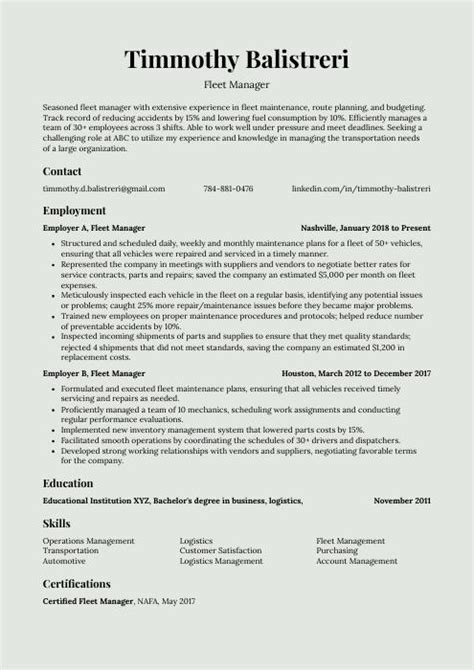 Fleet Manager Resume Cv Example And Writing Guide