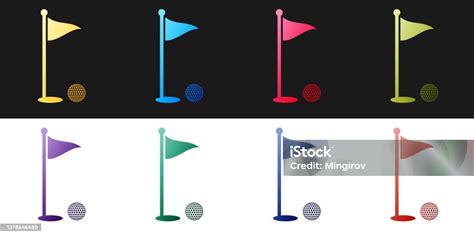 Set Golf Ball And Hole With Flag Icon Isolated On Black And White Background Golf Course Ball