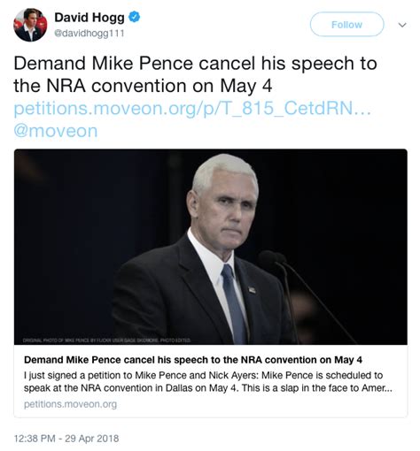 Activist David Hogg Demands VP Pence Cancel His NRA Speech, Tweets Out MoveOn Petition | MRCTV