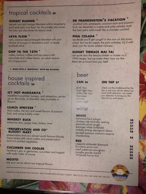 Menu At Sunset Terrace Pub Bar Kahaluu Keauhou