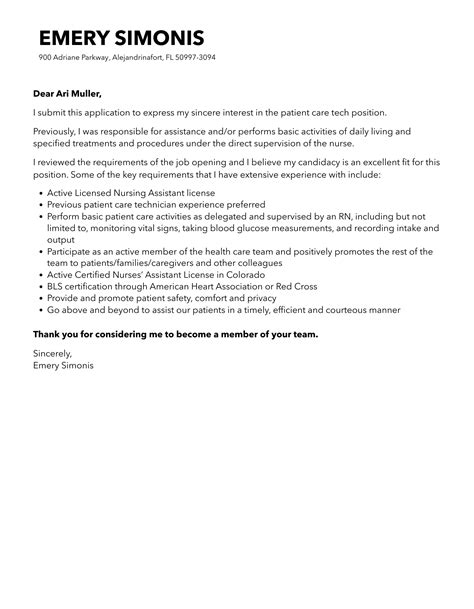 Patient Care Tech Cover Letter Velvet Jobs