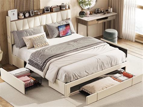 ANCTOR Queen Bed Frame With 3 Drawers Upholstered Platform Bed With