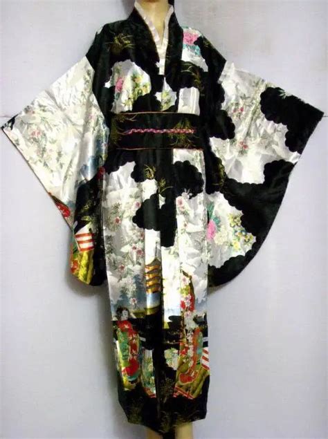 Top Sale Black Japanese Female Tradition Silk Yukata Vintage Original