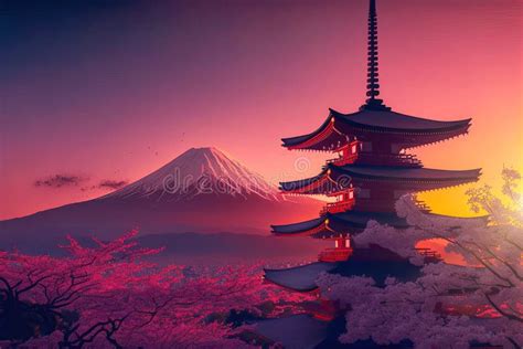 Chureito Pagoda With Mount Fuji At Sunset Stock Illustration