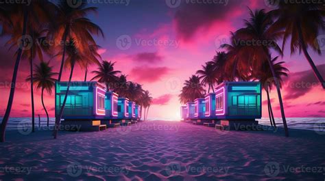 Generative Ai Miami Beach Huts Summer Vibes Retro Illustration