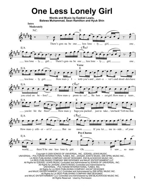 One Less Lonely Girl Pro Vocal Print Sheet Music Now