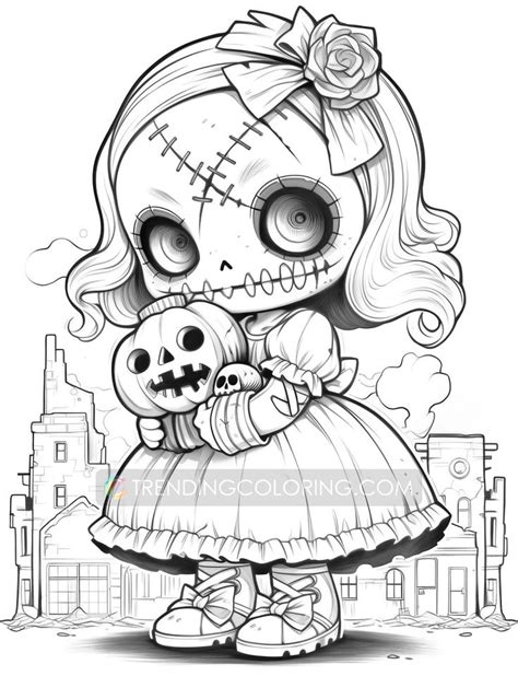 Kawaii Creepy Doll Grayscale Coloring Pages Halloween Coloring