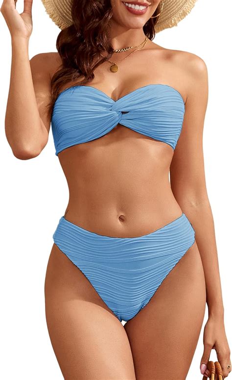 Amazon ZAFUL Women S Strapless Twist Bandeau Bikini Piece Swimwear Cheeky Solid Lace Up