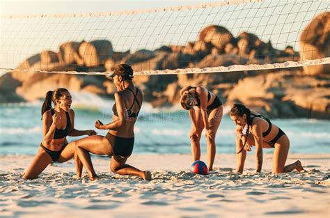 Volleyball Beach And Winner With A Friends Team In Celebration Of A Win On The Sand During