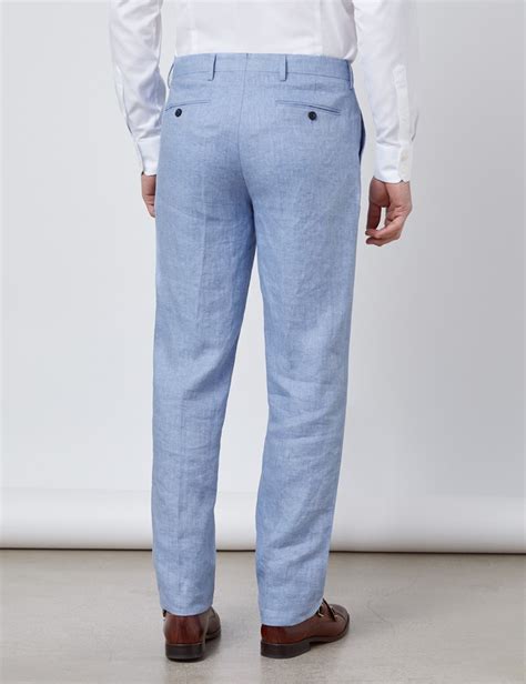 Mens Light Blue Herringbone Linen Tailored Fit Italian Suit Trousers