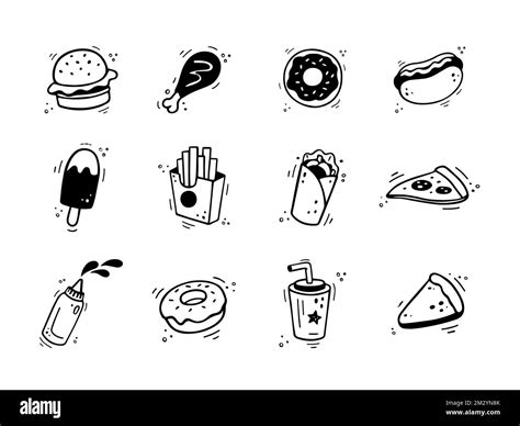 Hand Drawn Fast Food Icons Sketch Of Snack Elements Fast Food