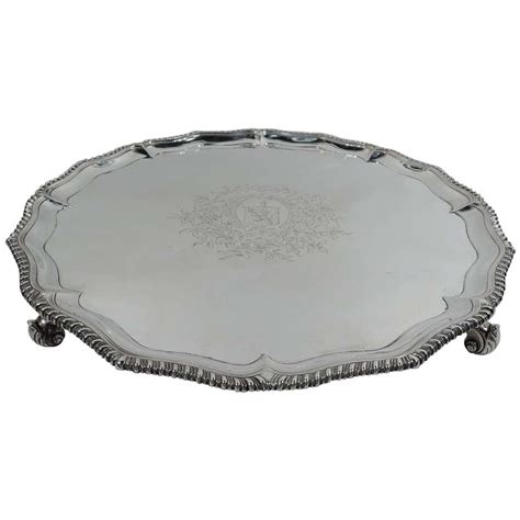 Fancy Antique English Sterling Silver Georgian Salver Tray For Sale At