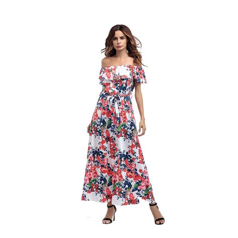 Sexy Off Shoulder Floral Print Long Maxi Dress Summer 2019 Ruffles