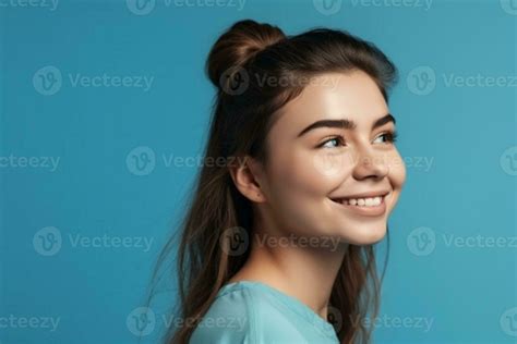 Profile Side View Portrait Of Attractive Cheerful Girl Demonstrating Copy Space Ad New Isolated