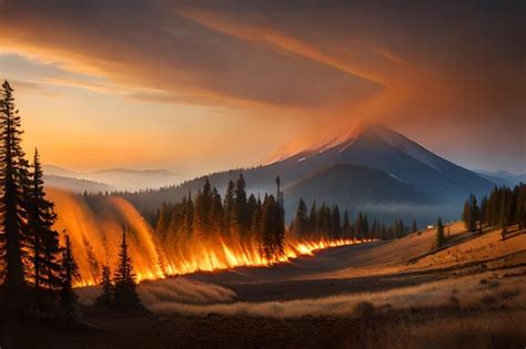 Premium AI Image | A fire burns in front of a mountain at sunset.