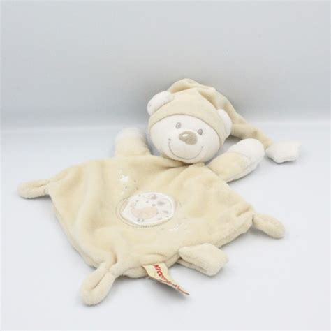 Doudou Plat Ours Blanc Cru Oiseau Toile Nicotoy