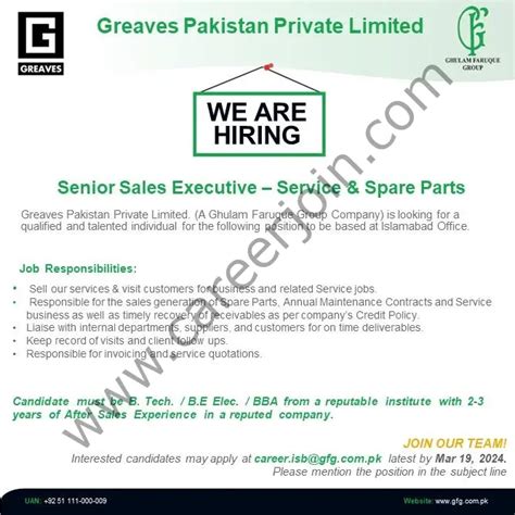 Greaves Pakistan Pvt Ltd Jobs Senior Sales Executive