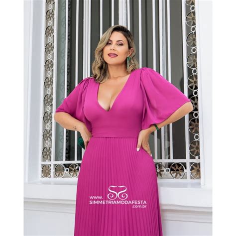 Vestido Plus Size F Csia Manga Sino Decote V E Saia Plissada