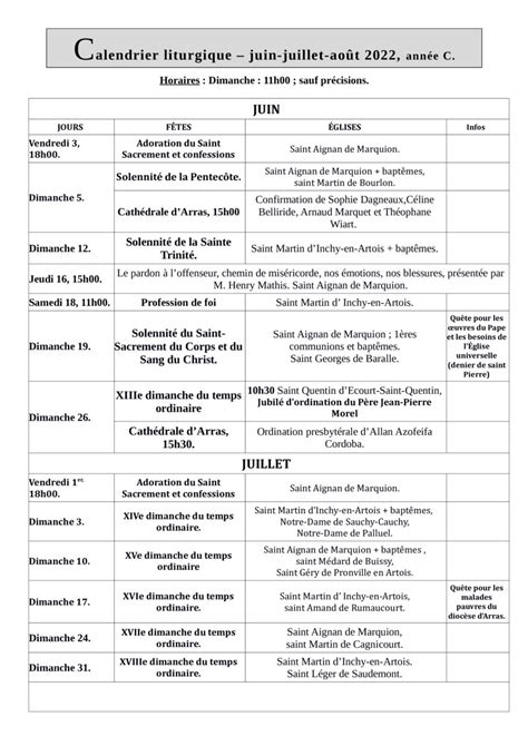 Calendrier liturgique des mois de Juin Juillet et Août 2022