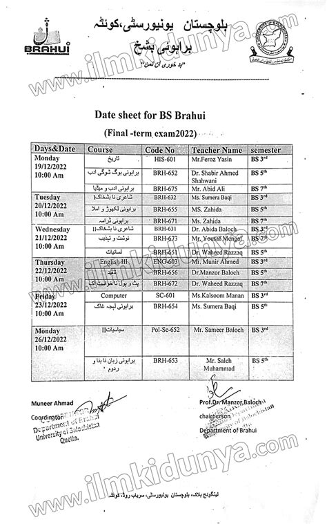 University Of Balochistan Bsc Ads Date Sheet 2025 Ads Bsc Date