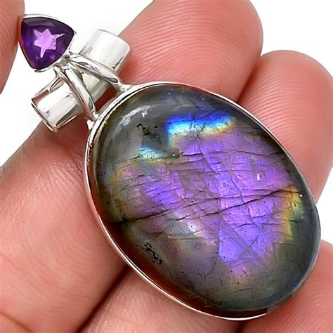 Pendentif Protection Labradorite Violet Am Thyste Monture Argent