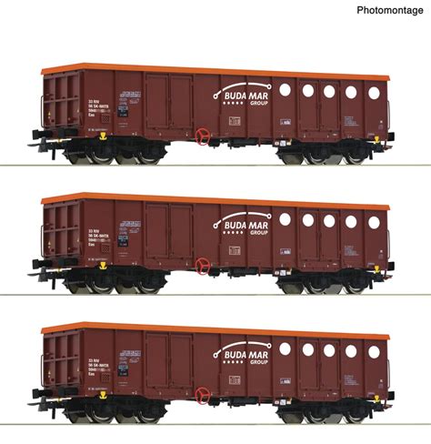 ROCO 6600087 3 tlg Set Offene Güterwagen Budamar DC Spur H0 ROC