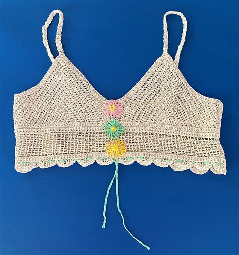 Crochet Crop Top With Flower Detail And Drawstring Waist Etsy