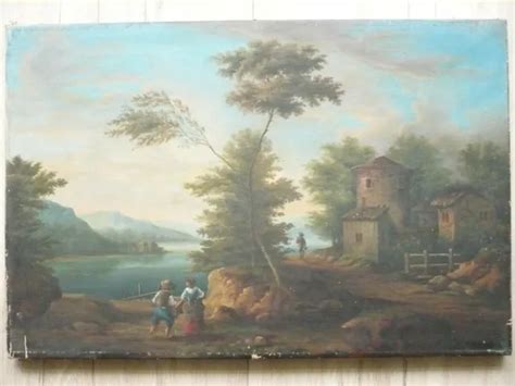 Ancienne Hst Xix E Paysage Anime Ecole Francaise Italienne Lac