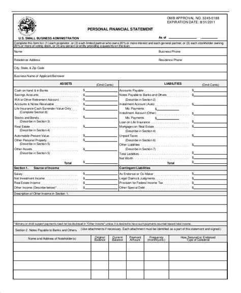 Blank Printable Personal Financial Statement