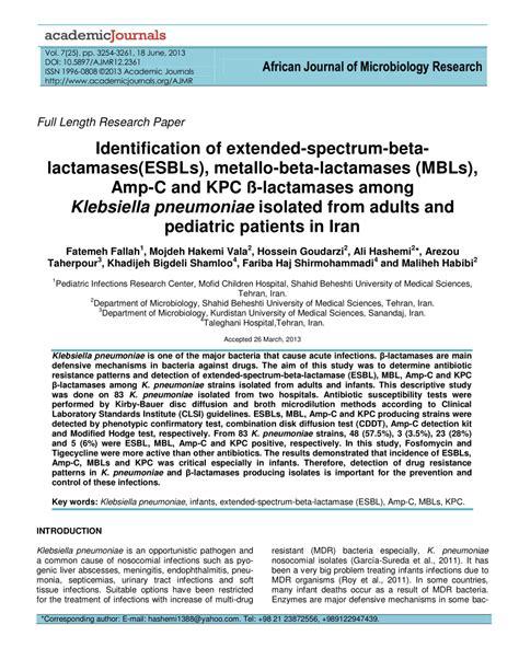 PDF Identification Of Extended Spectrum Beta Lactamases ESBLs