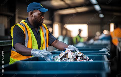 Male Worker Sorting Recyclable Materials Into Separate Bins In A