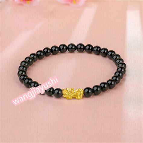 Real 24k Yellow Gold Bracelet For Women Pixiu Black Agate 6mm Girl