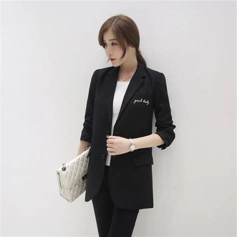 Korean Spring Autumn Ladies Blazer Jacket Women Long Black Office