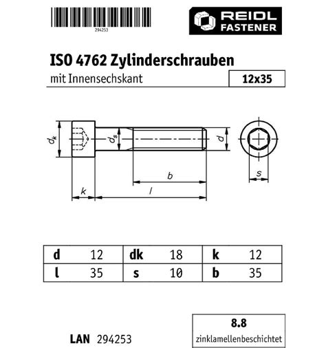 ISO 4762 Zylinderschraube Mit Innensechskant M 12 X 35 8 8